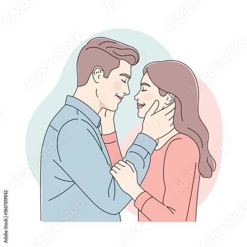 Loving Couple Embracing Tenderly, Romantic Connection, Valentine's Day Illustration