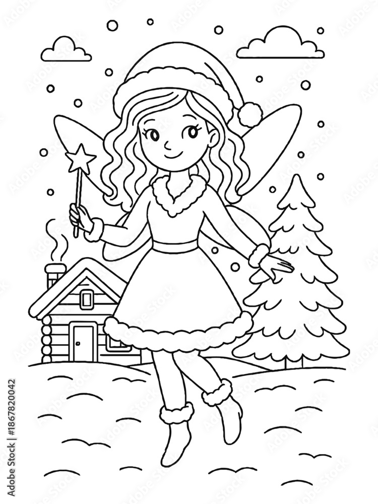 Obraz premium Winter Fairy: An enchanting illustration of a winter fairy, spreading magic with a wave of a wand, floats joyfully against the backdrop of a snow-covered scene. 