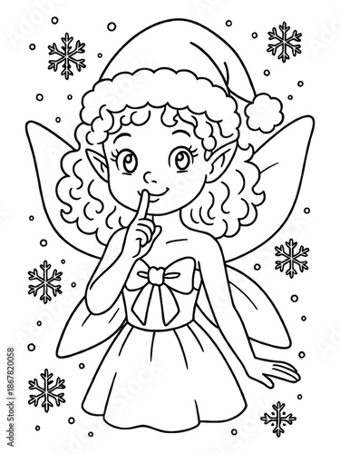 Winter's Whisper: A whimsical fairy, adorned in a festive hat and delicate wings, gently beckons for quietude, amidst a flurry of snowflakes, in this endearing sketch. 