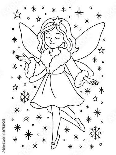 Enchanting Winter Fairy: A whimsical fairy with delicate wings, adorned in a winter-themed ensemble, gracefully floats amidst a flurry of snowflakes and stars.