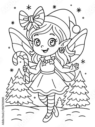 Festive Fairy with Candy Cane: A charming fairy adorned in a festive outfit, holding a candy cane, standing in a winter wonderland. A perfect embodiment of holiday magic. 