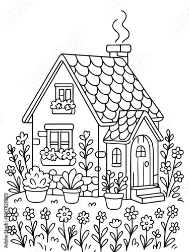Enchanting Cottage Illustration: A charming black and white illustration of a cozy cottage, surrounded by blooming flowers and plants. Capturing a sense of idyllic peace and simple living.