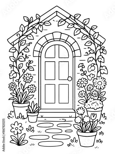 The Garden Door: The charming garden door, embraced by blossoming flowers and lush foliage, standing as a symbol of tranquility, with the promise of serenity.