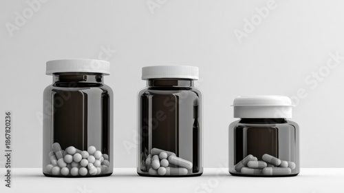 Five Bottles of Pills on a Table