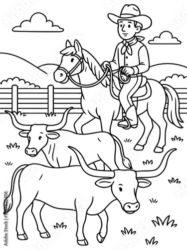 Cowboy on Horse herding Cattle: A classic depiction of a cowboy, astride his trusty horse, expertly guiding a herd of cattle in the wide-open countryside.