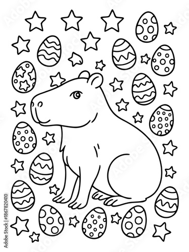 Easter Capybara with Decorated Eggs: A delightful illustration of a capybara surrounded by intricately decorated Easter eggs and sparkling stars. A charming design celebrating the Easter season.