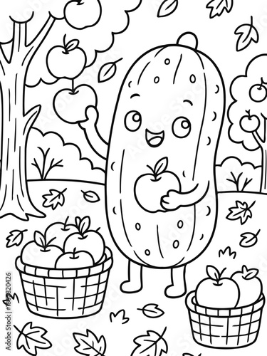 Cute Pickle Character in Autumn Orchard: A charming cartoon pickle happily harvests apples in an orchard, surrounded by fallen leaves, a perfect scene of autumn