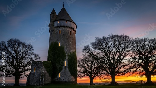 Tower and trees at sunset landscape.