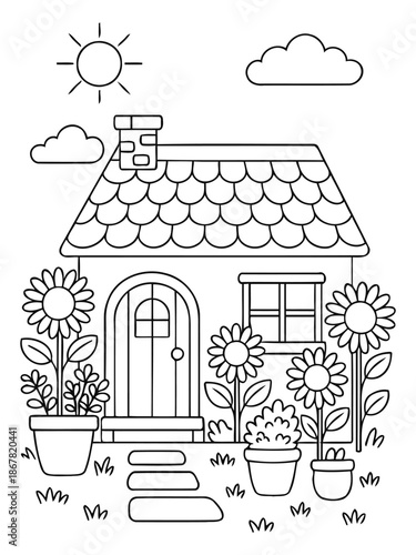 Cozy Cottage in Sun: A charming cottage is nestled under a bright sun and fluffy clouds, surrounded by blooming sunflowers and lush greenery. A scene of peace and tranquility