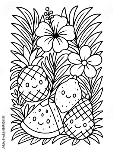 Playful Tropical Delight: An enchanting illustration of tropical fruits, including pineapple, watermelon, lemon and flowers, each exuding a cheerful expression, set amidst lush foliage