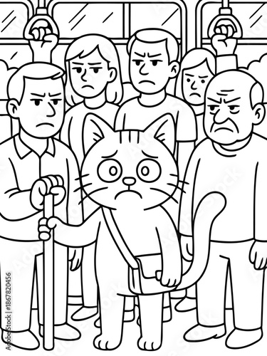 Commuting with a Cat: A sad-faced cat endures the crowded journey on public transport, surrounded by a sea of annoyed fellow commuters, all etched in monochrome.