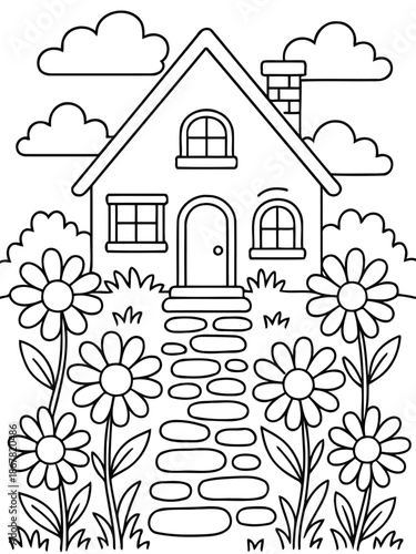 Serene Home in Garden: A quaint house with a welcoming entrance nestled amidst a flourishing garden filled with charming daisies, under a backdrop of fluffy clouds and sky.
