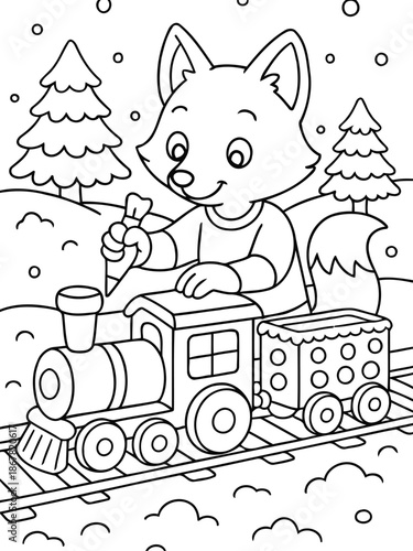 Playful Fox's Railway Adventure: A charming illustration depicts a whimsical fox at the helm of a miniature train in a snowy wonderland. The scene evokes a sense of joy and playful spirit.