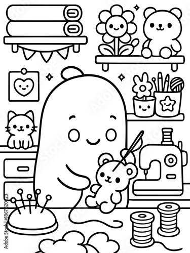 Cozy Crafting Corner: A whimsical illustration depicts a friendly character happily engaged in the art of sewing, surrounded by sewing tools, teddy bears, and flowers.