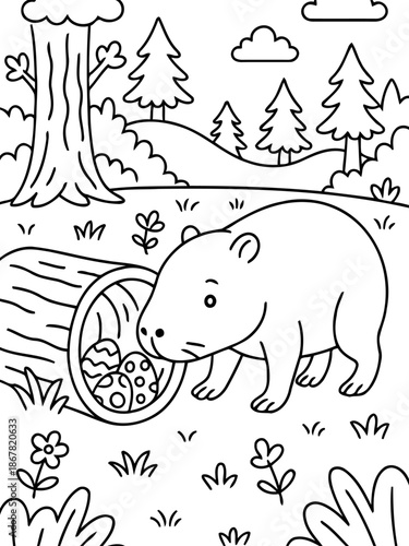 Easter in Nature: A cheerful illustrated wombat is shown, accompanied by decorated easter egg in a hollowed log, with the lush backdrop of the forest.