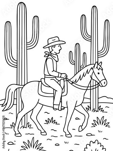 Lone Rider's Journey in the Desert: A monochrome image captures a cowboy mounted on a horse traversing a desert landscape, framed by majestic cacti.