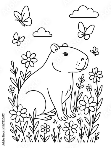 Playful Capybara: A delightful capybara, surrounded by blooming flowers and fluttering butterflies, offers a charming scene, capturing the innocence of nature.