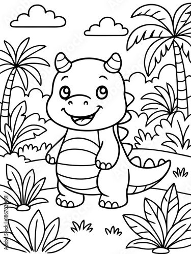 Charming Dinosaur Illustration: A delightful illustration of a cute dinosaur set against a backdrop of prehistoric plants and foliage, evoking a sense of childlike wonder.