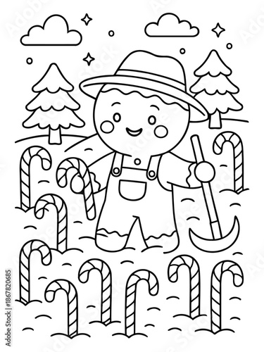 Gingerbread Man in a Candy Field: A charming gingerbread man, adorned with a hat and overalls, merrily tends to a whimsical candy cane field, complete with enchanting trees and twinkling stars.