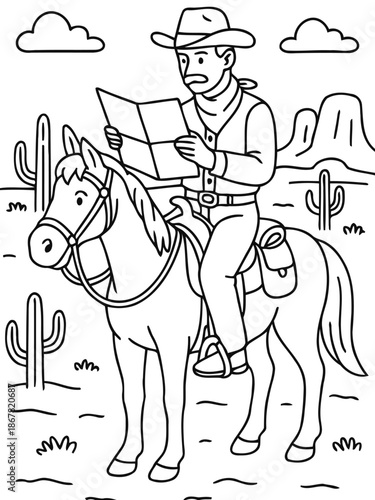 Cowboy with Map in the Desert: A resolute cowboy, astride his trusty steed, studies a detailed map in the heart of a sun-drenched desert landscape, charting his course with determination.