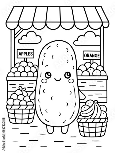 Cheerful Market: a happy anthropomorphic fruit and vegetable stand, filled with fresh apples, oranges and bananas. A delightful and whimsical scene of the fresh market.