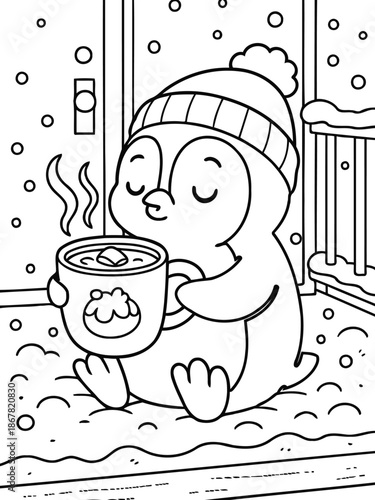 Cozy Penguin: A charming penguin, snuggled amidst a snowy scene, embraces warmth, sipping from a steaming mug of hot chocolate. A perfect visual embodying comfort and winter bliss.