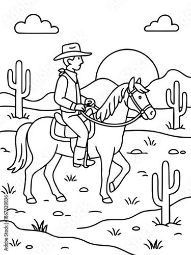 Lone Rider in the Desert: A lone rider on horseback journeys through the vast desert landscape, with towering cacti, the radiant sun, and distant mountains. Witnessing the rugged beauty of the west.