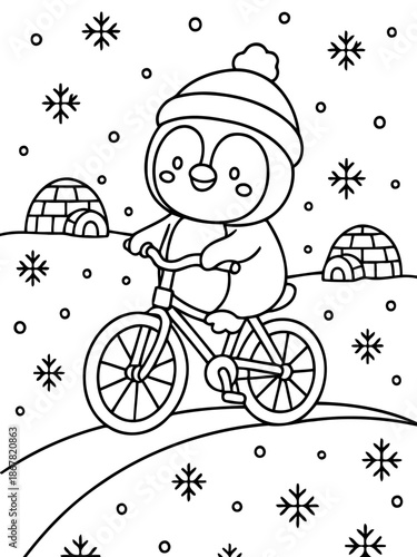 Penguin's Winter Ride: An adorable penguin, bundled in a warm hat, merrily cycles through a snowy landscape, snowflakes dancing around it and igloos nestled in the background.
