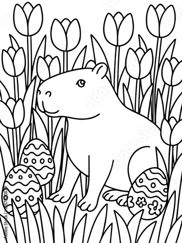 Easter Capybara with Floral Surroundings: An adorable Capybara, surrounded by Easter eggs and tulip flowers. This illustration is perfect for seasonal and holiday content. 