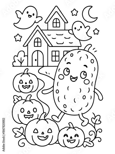 Cheerful Halloween: A whimsical illustration with a jovial pickle character leading a festive parade of carved pumpkins and friendly ghosts.