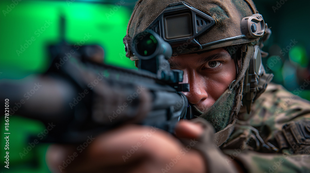 Fototapeta premium Defocused soldier aiming rifle on green screen, blurred tactical gear and helmet, chroma key background, military training footage, armed forces photography, weapon handling demons