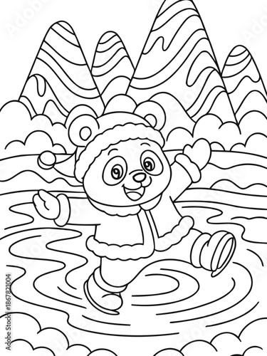 Joyful Panda Skating on Ice: A cheerful panda, bundled up in warm winter attire, glides playfully on a frozen surface, the whimsical mountainous backdrop and snowy details enhancing the frosty scene.