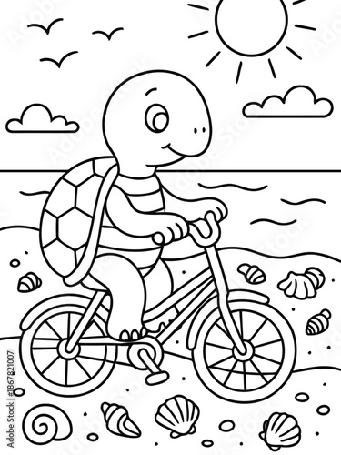 Turtle's Beach Ride: A cheerful turtle pedals a bicycle along a sandy beach under a radiant sun. Waves and seashells accompany it