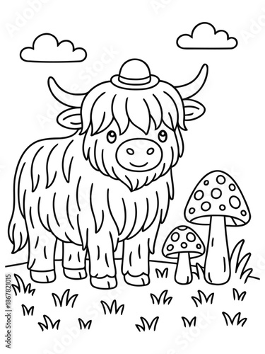 Highland Cow Coloring Page: A charming illustration depicts a Highland cow, complete with fuzzy fur, wearing a hat, standing next to whimsical mushroom, with clouds overhead and blades of grass.