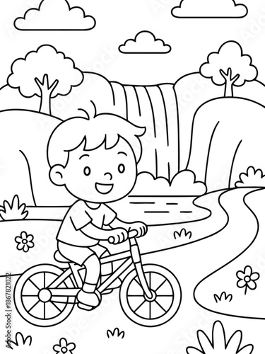 Kid on Bicycle: A child joyfully rides a bicycle along a winding path near a picturesque waterfall, a cheerful illustration. 