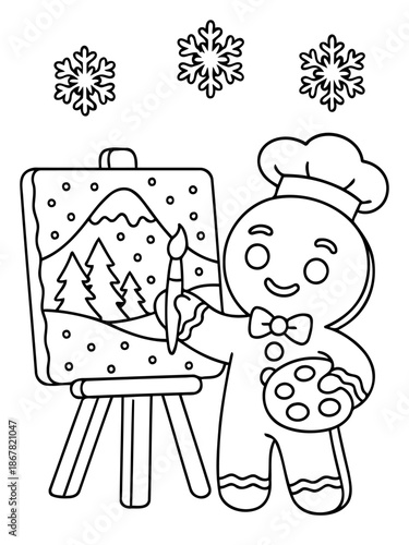 Gingerbread artist creating art : A cheerful gingerbread artist, donned in a chef's hat and bowtie, is passionately painting a wintery landscape scene on a canvas.