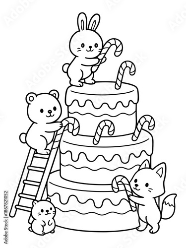 Whimsical Dessert Decoration: A group of friendly animal characters gathers around a tiered dessert, adorning it with sweet candies in a playful scene of confectionery delight.