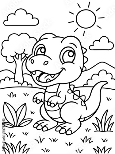 Happy Dinosaur Illustration in Nature: An adorable dinosaur smiles happily in a lush outdoor setting, under a cheerful sun and fluffy clouds, perfect for kids.