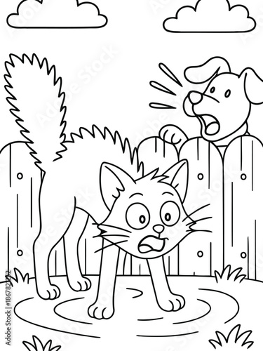 Frightened Cat Confrontation: A tense standoff unfolds as a cat is startled by a barking dog, creating a moment of surprise and fear amidst a simple scene.
