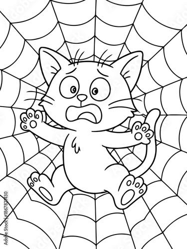 Cat trapped in web: Anxious kitten is stuck in a spider's web, portraying a moment of fear and vulnerability.
