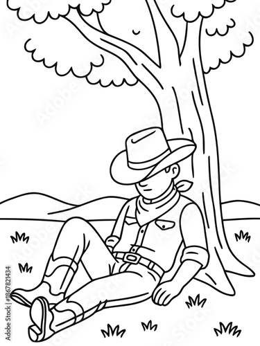 Resting Cowboy Under the Shade: A cowboy in the serene moment of peace taking a nap against the comforting shade of a tree. Illustrating a pause in the vastness of the prairie, under a clear sky.