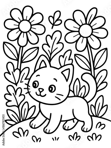 Cat and Flowers: A charming illustration depicts a sweet cat amidst blossoming flowers and lush foliage, creating a delightful scene of playful innocence and the beauty of nature.