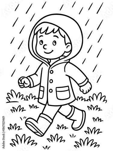 Rainy Day Adventure: A young child joyfully embraces the rain, donned in a raincoat and boots, walking with glee through the droplets, showcasing the simple pleasure of an outdoor adventure.