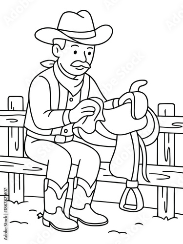 Cowboy with Saddle: A cartoon cowboy, clad in traditional attire, tends to his saddle, seated on a wooden fence, embodying the essence of ranch life. 
