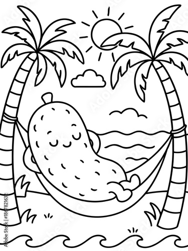 Beach Relaxation: A charming, animated illustration depicts a happy, cartoon cucumber swinging leisurely in a hammock between palm trees, basking in the sun's warm rays.