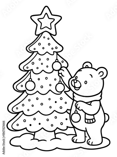 Christmas Bear Decorating Tree: A charming illustration of a bear happily decorating a festive Christmas tree. Capturing the spirit of holiday cheer and preparation.