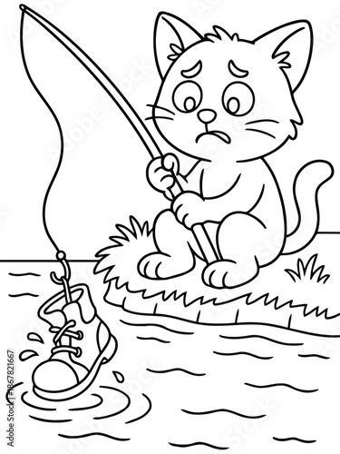 Fishing Mishap: A charming cartoon depicts a dejected kitten fishing with a rod, only to catch a discarded shoe, with disappointment. 