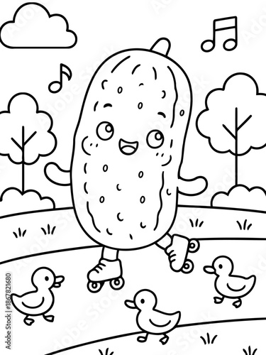 Pickle's Roller Skating Adventure: A charming illustration depicts a jovial pickle enjoying a roller skating adventure in a cheerful outdoor setting.