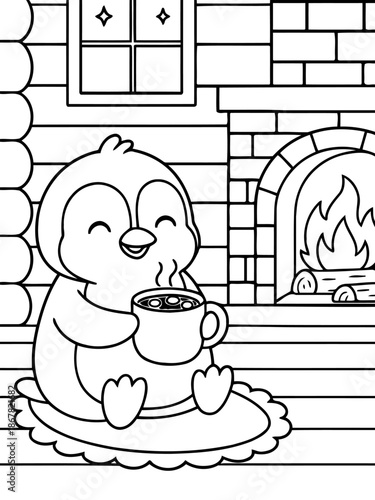 Cozy Penguin in a Winter Scene: A cheerful penguin enjoys a warm drink by the fireplace in a snug winter setting, creating a feeling of warmth and contentment.