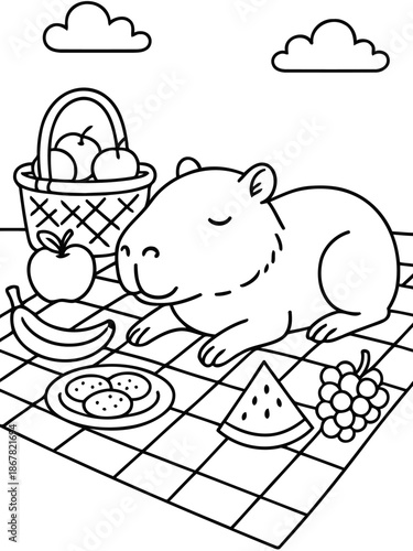 Capybara's Picnic Daydream: An adorable illustration of a capybara enjoying a picnic of fruits and cookies on a checkered blanket beneath a cloudy sky.